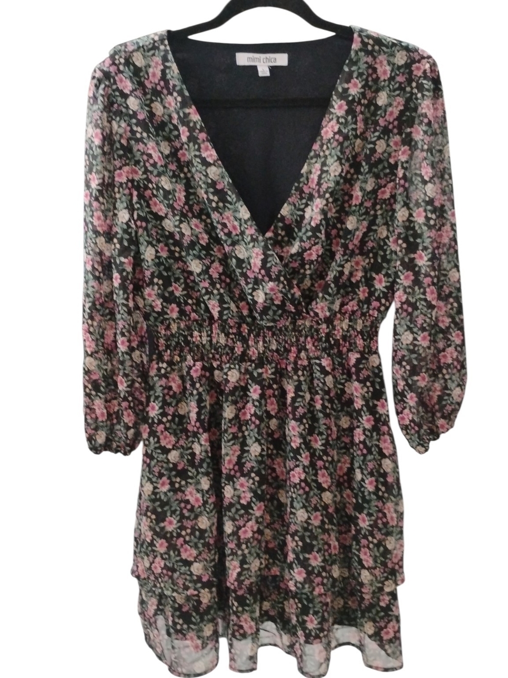 Mimi Chica Floral V-Neck Smocked Waist Dress Top - Black w Pink Floral SZ L